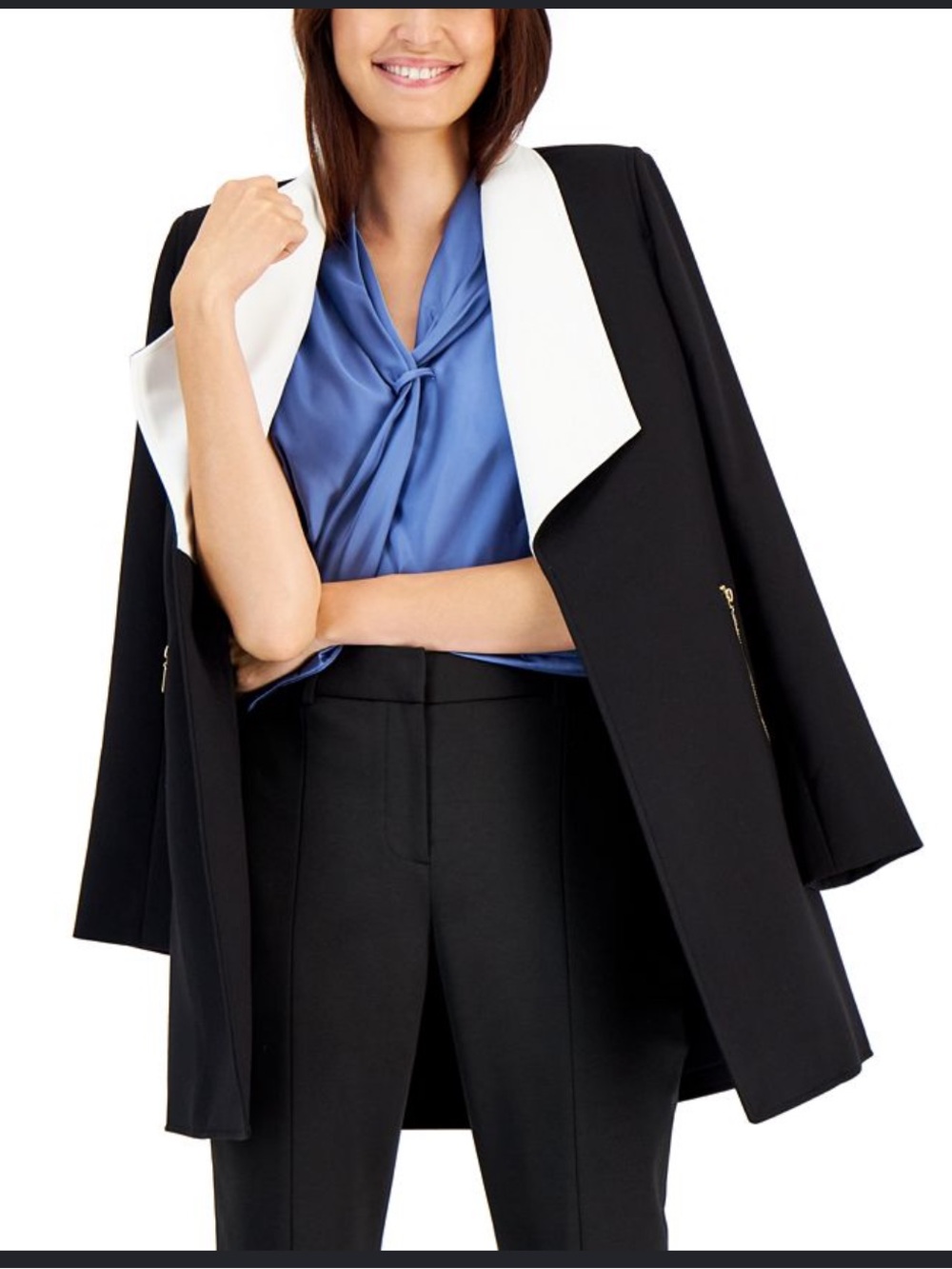 Tahari ASL Black Long Open Blazer with White Contrast Collar